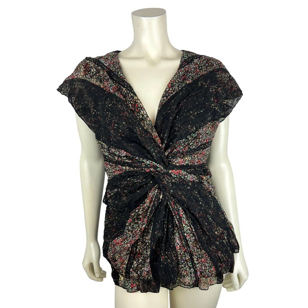 Thakoon Vneck Twist Front Printed Blouse 12 Black Cap Sleeve Lace Knot Womens